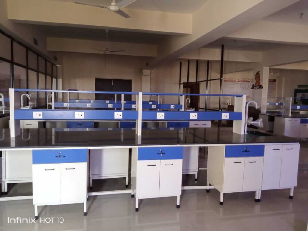 A Blue and White color Island Table in a laboratory